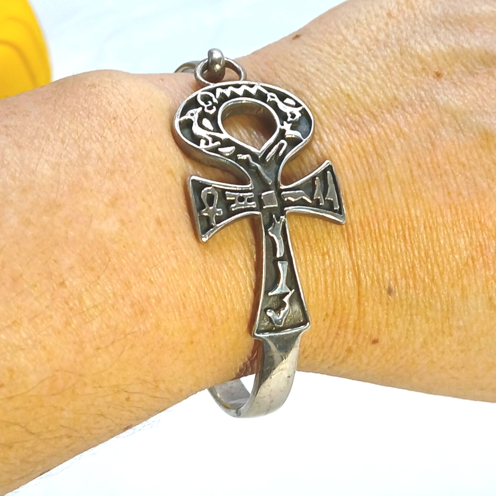 🔱✨ Heavy Sterling Silver Ankh Bangle Bracelet Egyptian Hieroglyph